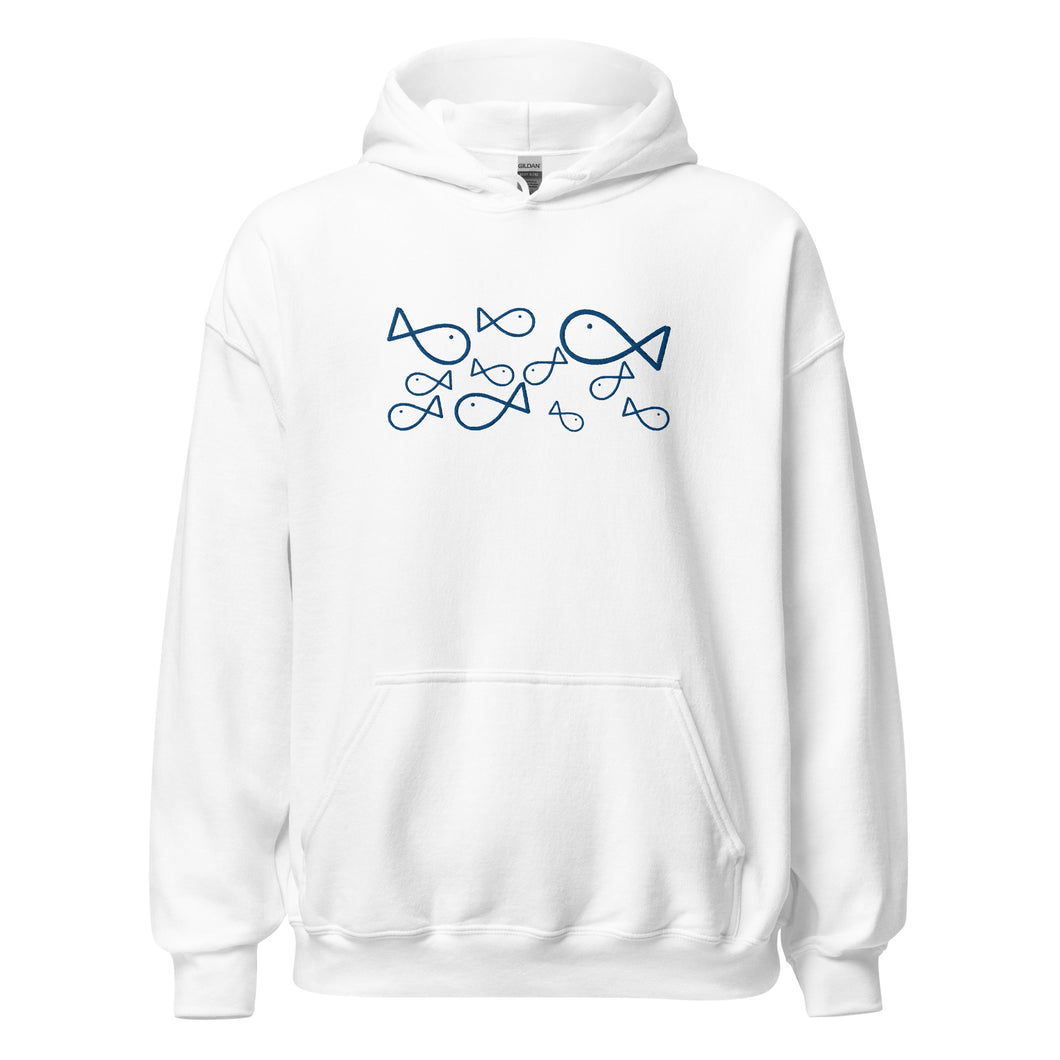 COMME des POISSONS Unisex White hoodie (Royal Blue Embroidery)